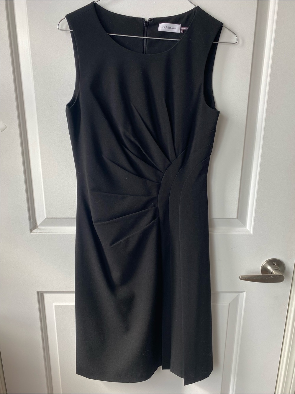 Calvin Klein Black Sleeveless Sheath Dress with Side Pleat Detail